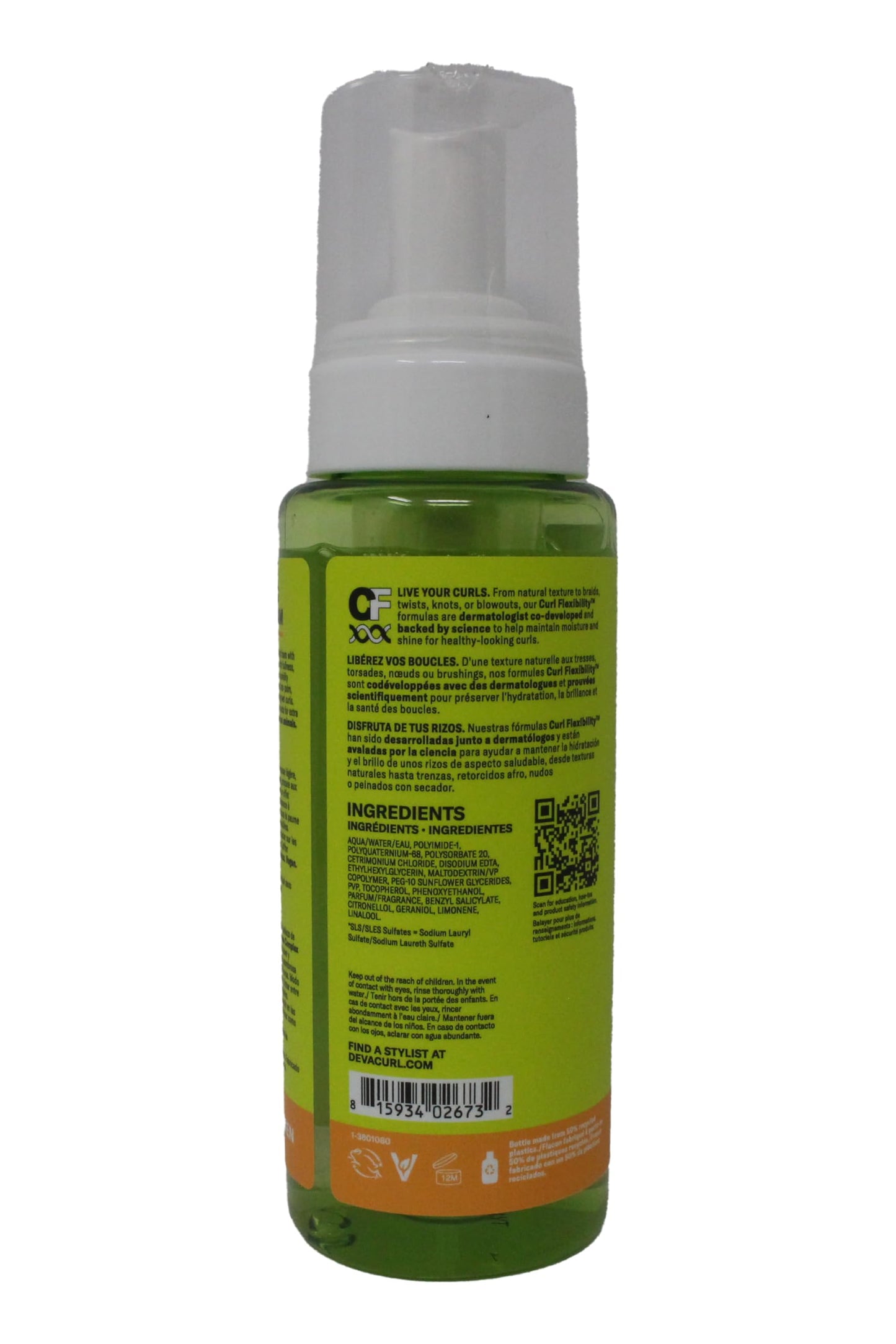 DevaCurl lightweight curly hair styling mousse packaging detailing sulfate and silicone free claims