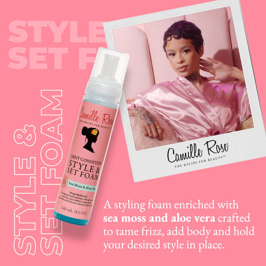 Camille Rose sea moss and aloe vera hair styling mousse for frizz control
