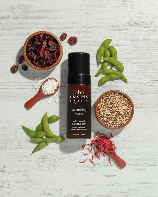 John Masters Organics non-aerosol styling mousse showing pump dispenser