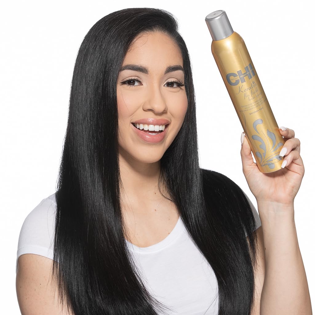 Professional hair finishing spray by CHI for smoothing flyaways and adding shine.