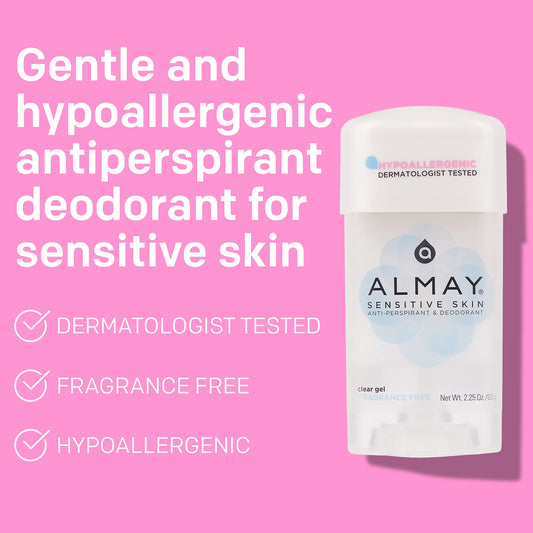 Almay hypoallergenic fragrance free deodorant gel stick showing clear application properties