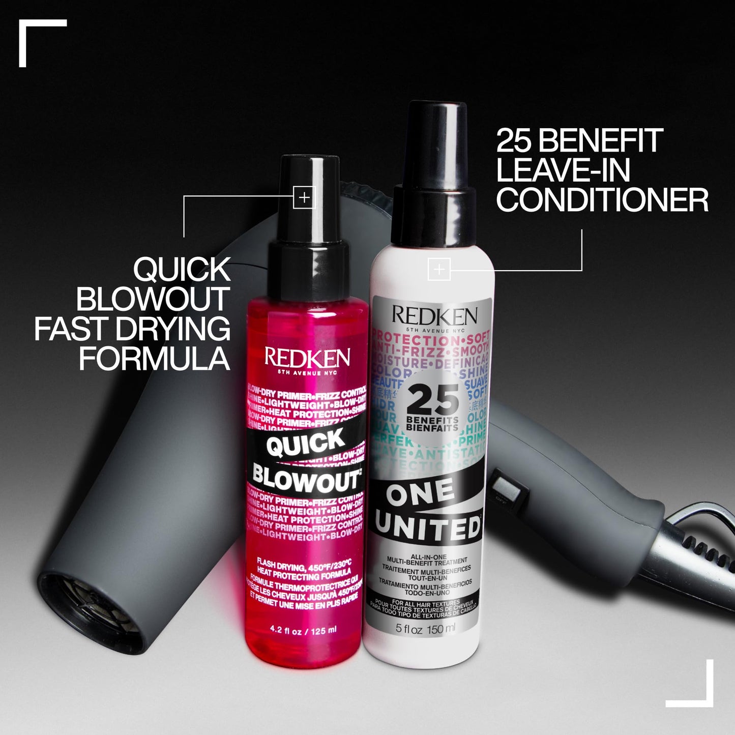 Authentic imported Redken Quick Blowout professional hair styling primer bottle closeup