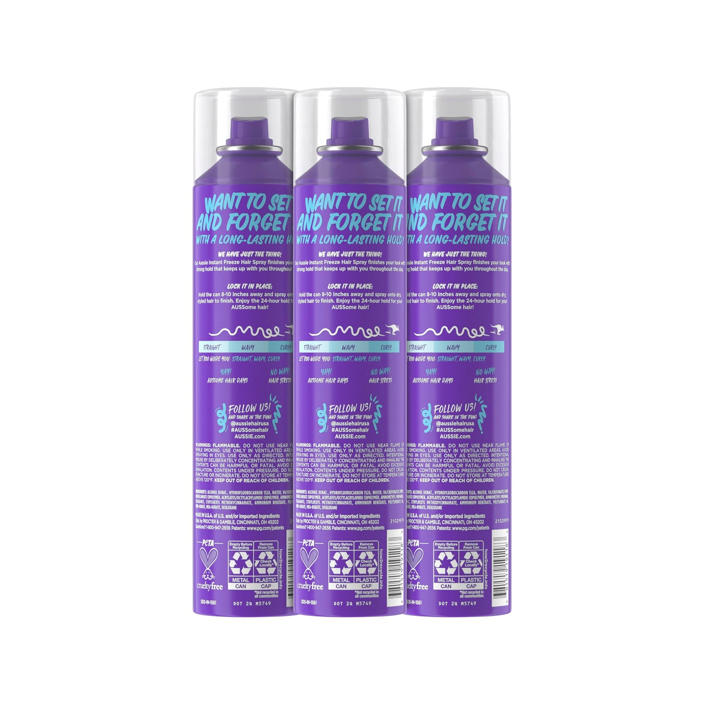 Ten fluid ounce hairspray triple pack designed for straight wavy and curly hair textures