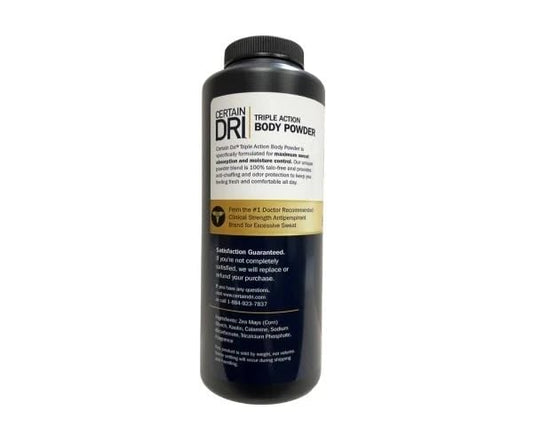 Certain Dri talc free body powder packaging detail