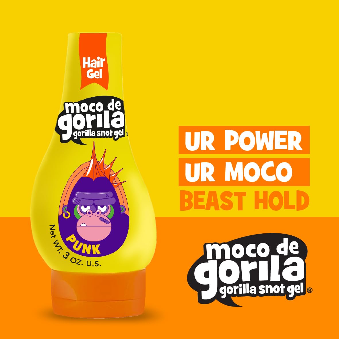 Close up of Moco de Gorila yellow squeezable bottle for spiking and twisting hair.