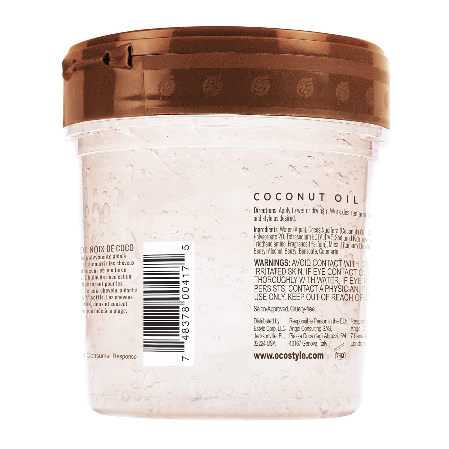 Eco Style coconut oil maximum hold gel tub showing official branding and size information