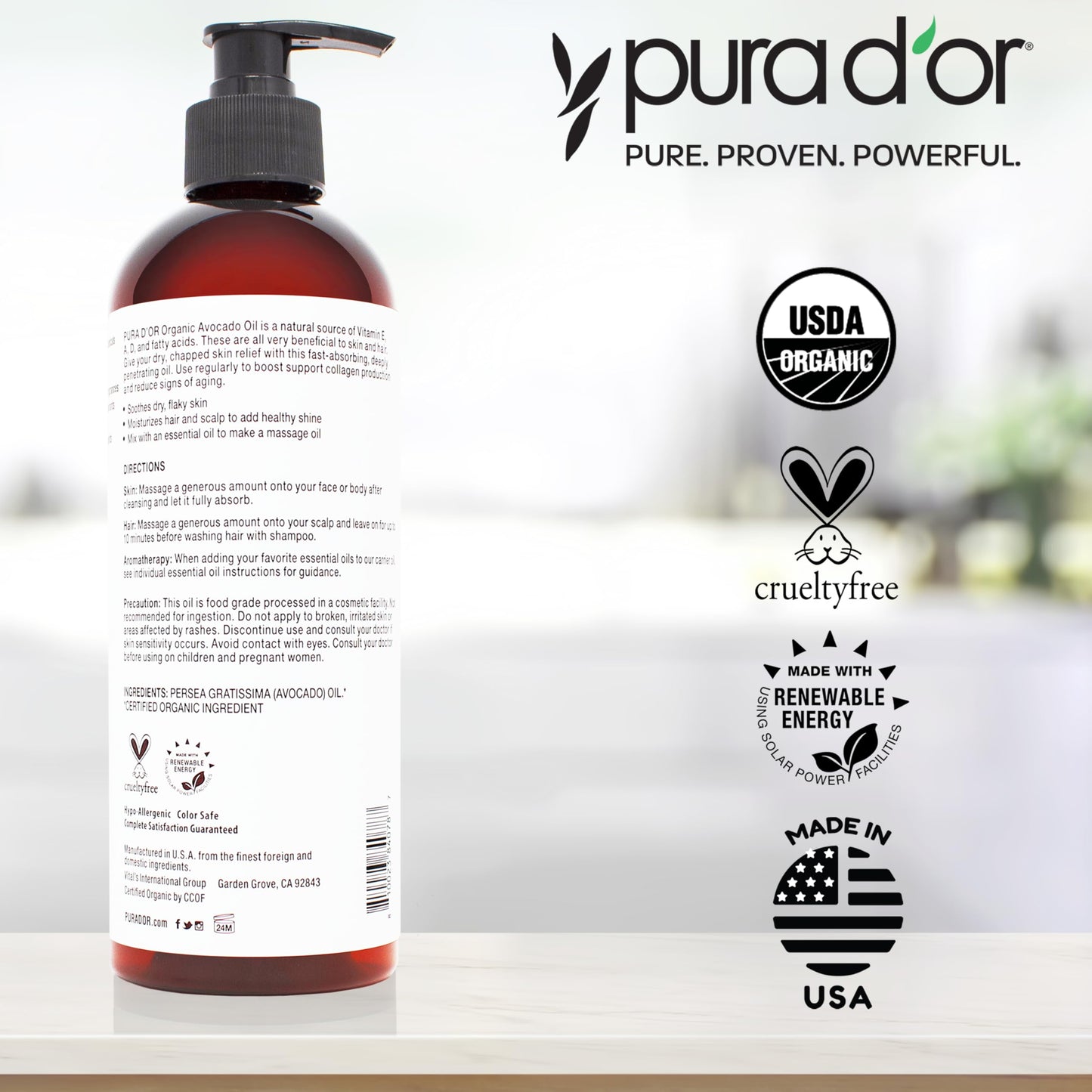 Authentic PURA D'OR Avocado Oil imported bottle highlighting clean beauty skincare benefits