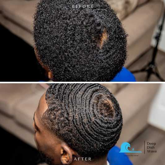 Deep Dish Wave all natural hair and beard serum close up packaging