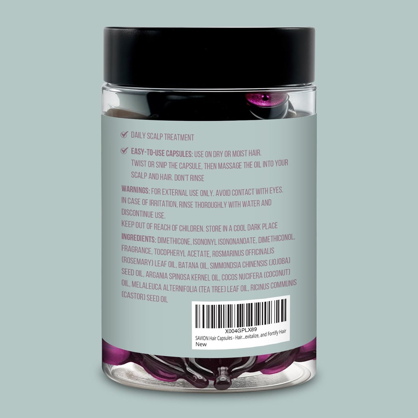 Travel friendly SAVION hair treatment capsules stored in a compact container