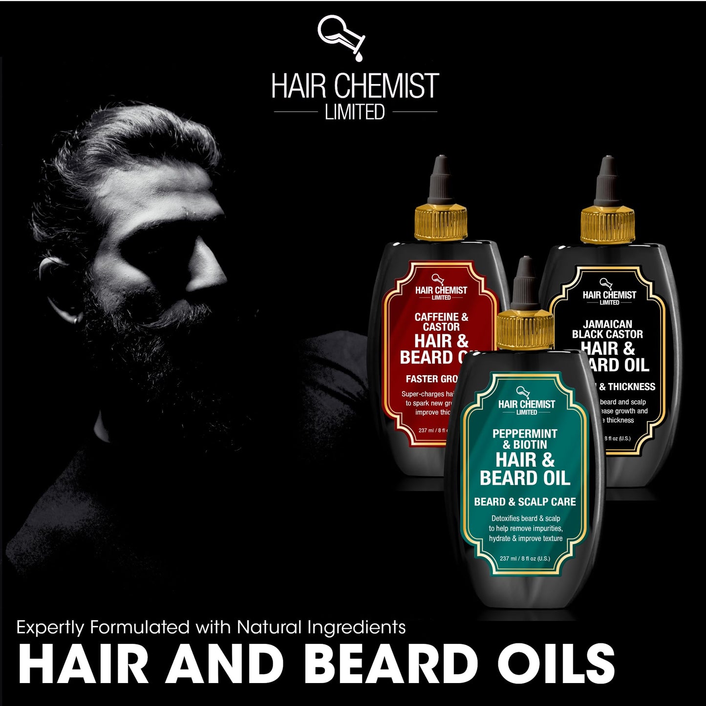 Natural essential oil blend for healthy moustache grooming and hair vitality.