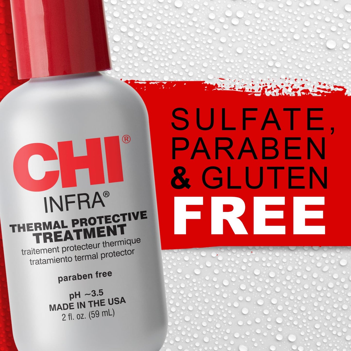 Close up of CHI infra treatment product packaging details and ingredients list.