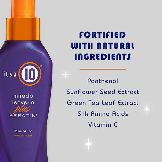 It's a 10 Haircare Keratin leave-in spray bottle back label detailing ingredients and instructions.