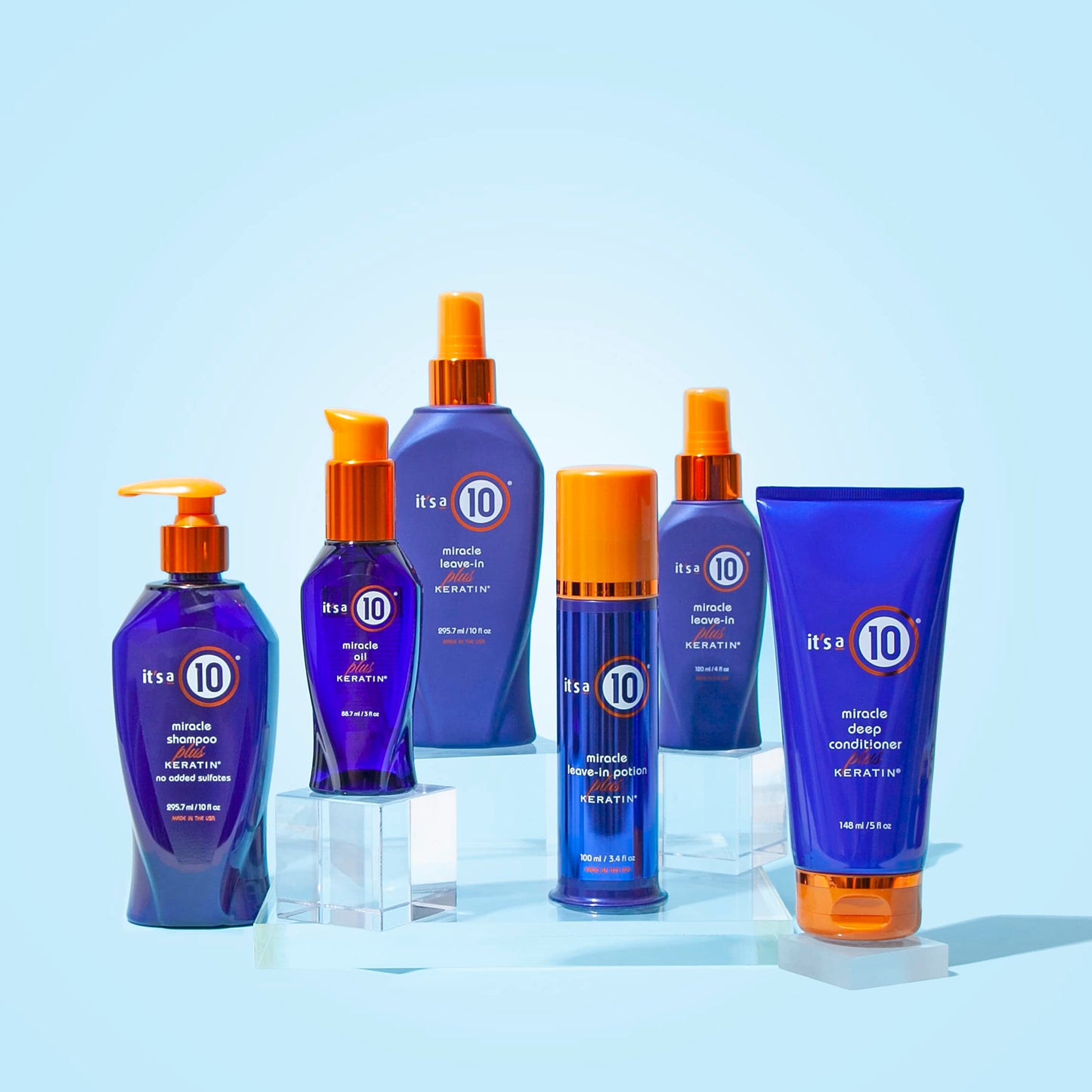 It's a 10 Miracle Leave-In Plus Keratin spray placed on a clean background demonstrating premium hair care.