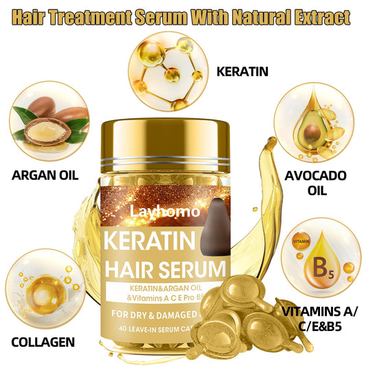 Close up of a single twisted Layhomo hair oil capsule dispensing keratin and argan oil serum.