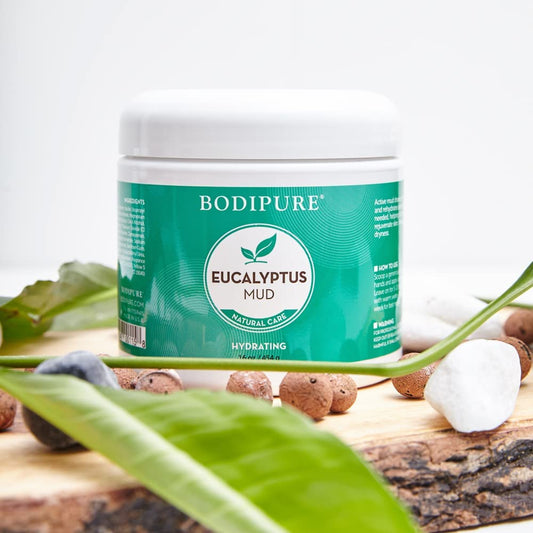 Authentic Bodipure cooling body mud pack container with eucalyptus and active mud details