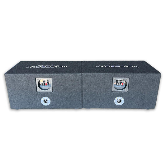Menace Audio four hole speaker box angled view emphasizing the premium engineered wood construction