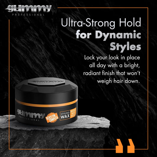 Gummy Professional high gloss hair wax container with keratin complex.