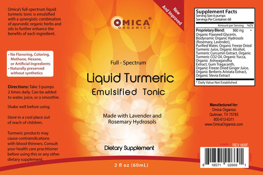 Full spectrum liquid turmeric extract by Omica Organics showcasing the pump dispenser and clean label details.