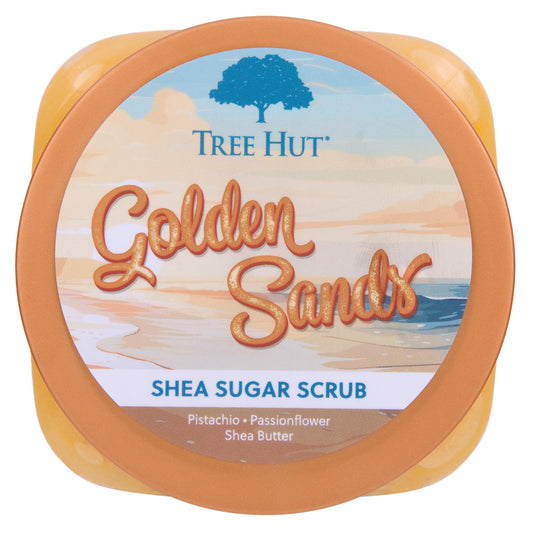 Tree Hut Golden Sands body scrub jar showing tropical exfoliating ingredients