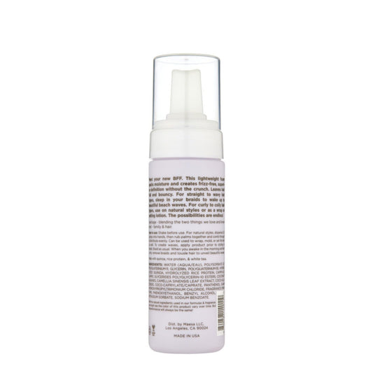 Hairitage curl mousse bottle showing quinoa and rice protein label