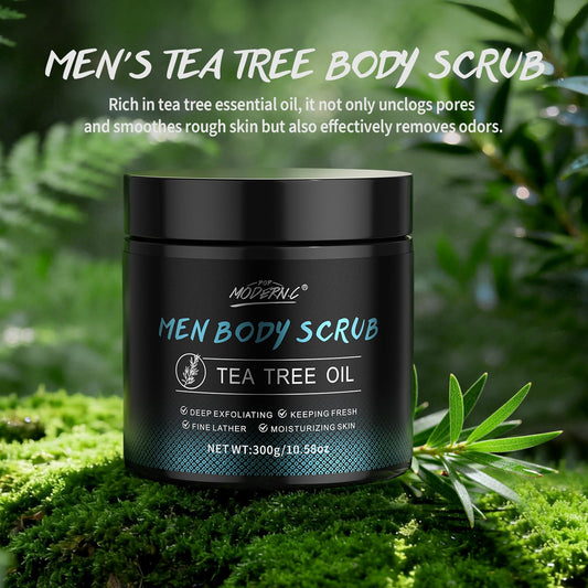 Tea tree body exfoliator for men smoothing rough back skin