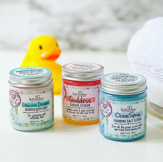 Bella and Bear 3 in 1 body wash and exfoliator travel jar