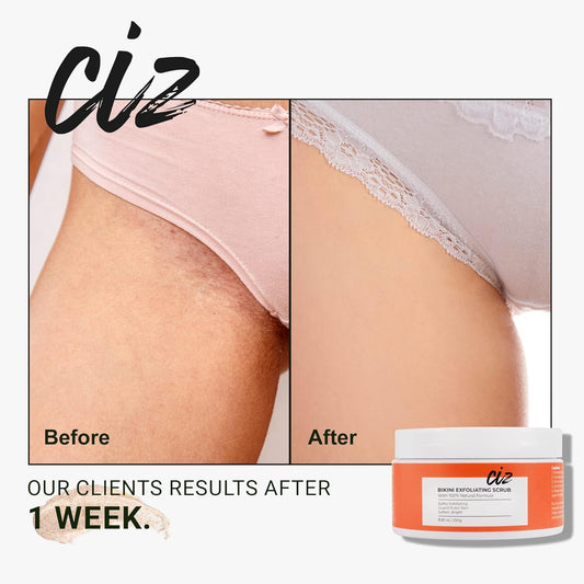 CIZ Exfoliating Scrub for Bikini Area texture showing natural creamy sugar crystals