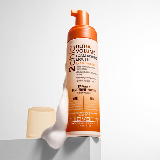 Giovanni 2chic hair foam packaging detailing the tangerine and papaya butter volumizing ingredients.