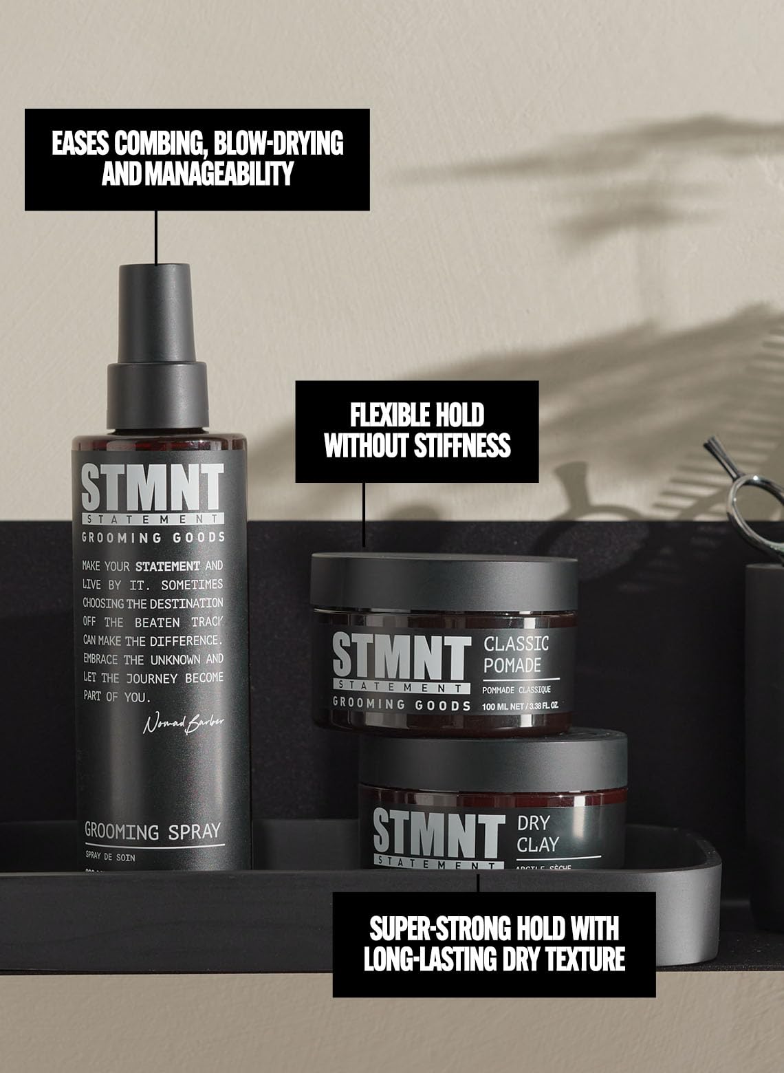 STMNT Grooming Goods strong hold pomade for timeless side part hairstyles
