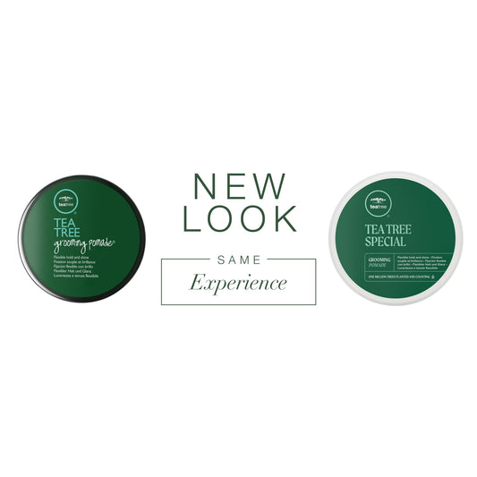 Tea Tree flexible hold and high shine hair pomade three ounce tub text details