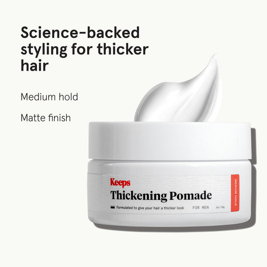 Keeps Matte Thickening Pomade white tub packaging showing medium hold label