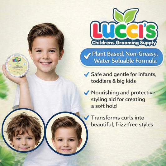 Luccis Childrens Grooming Supply infant hair styling paste tin showcasing the safe alcohol-free formula details