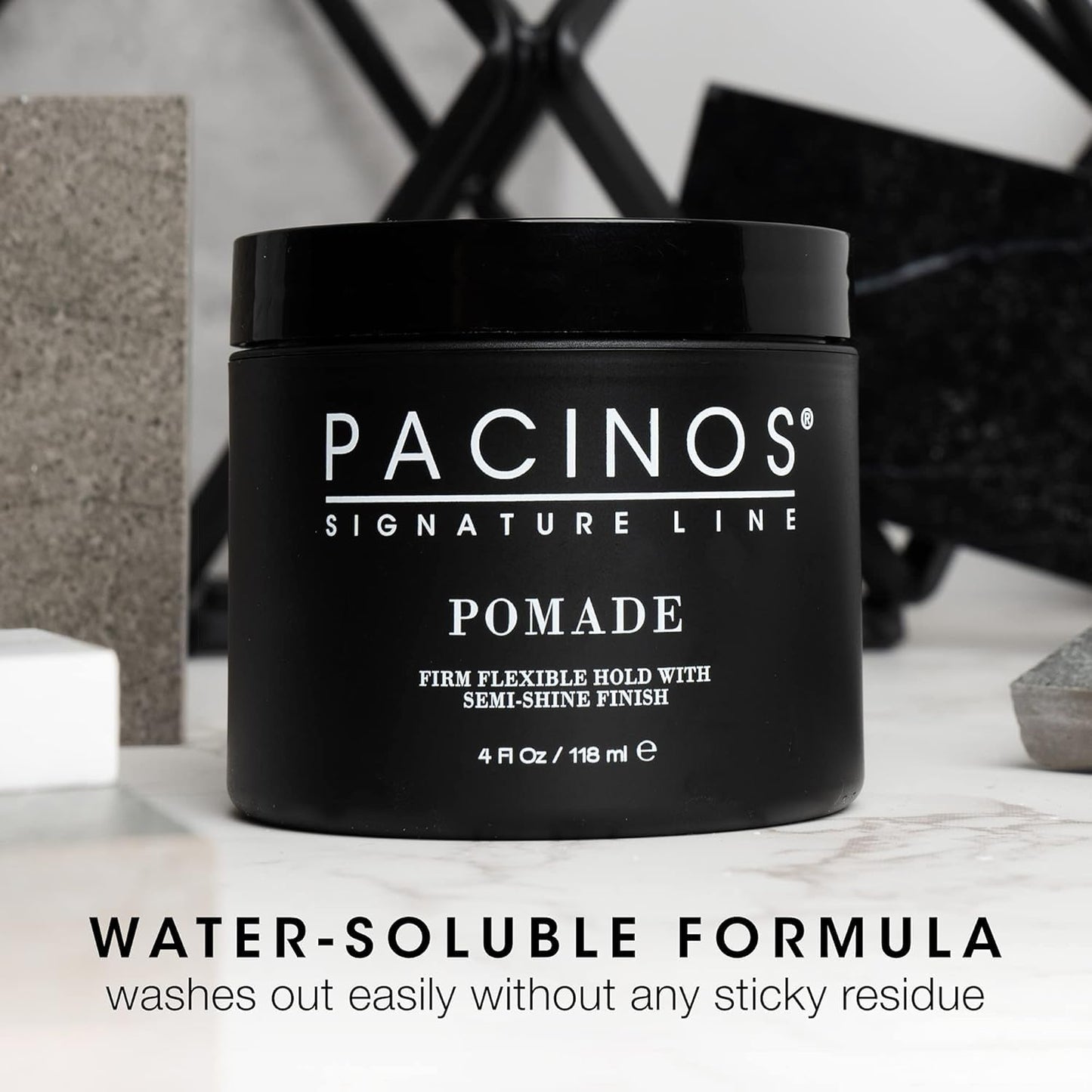 Secure packaging seal on the authentic imported Pacinos flexible hold hair pomade jar