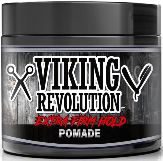 Viking Revolution Extra Firm Hold Pomade for Men open jar displaying the clear styling wax texture.