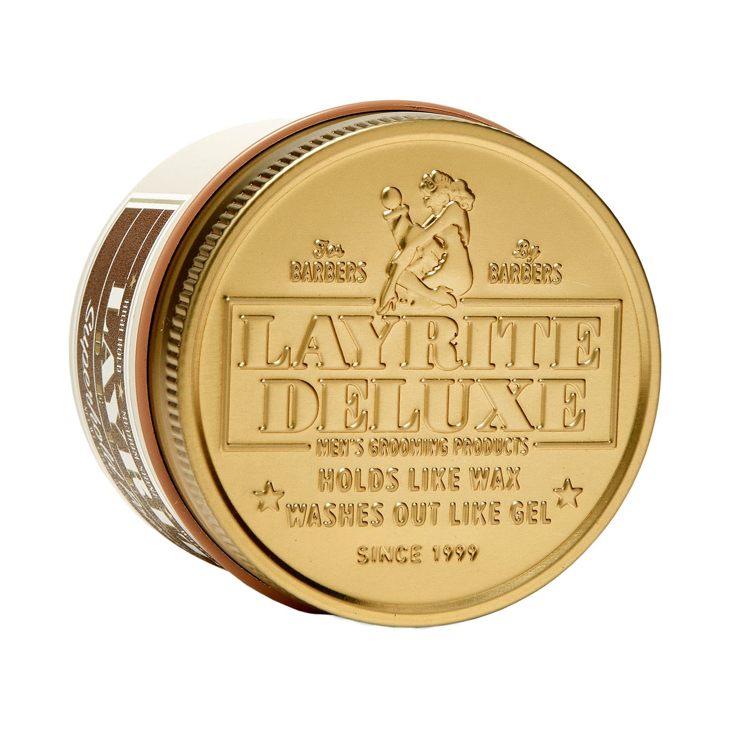 Premium USA imported Layrite super hold styling wax jar highlighting the medium shine formulation