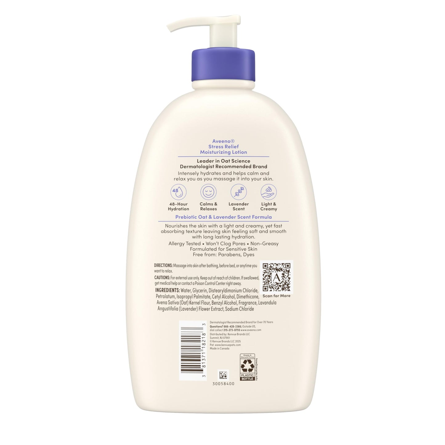 USA imported Aveeno stress relief body lotion highlighting the lavender, chamomile, and ylang ylang formulation.