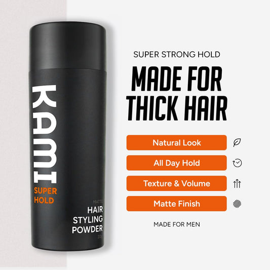 Close up of Kami hair styling powder packaging