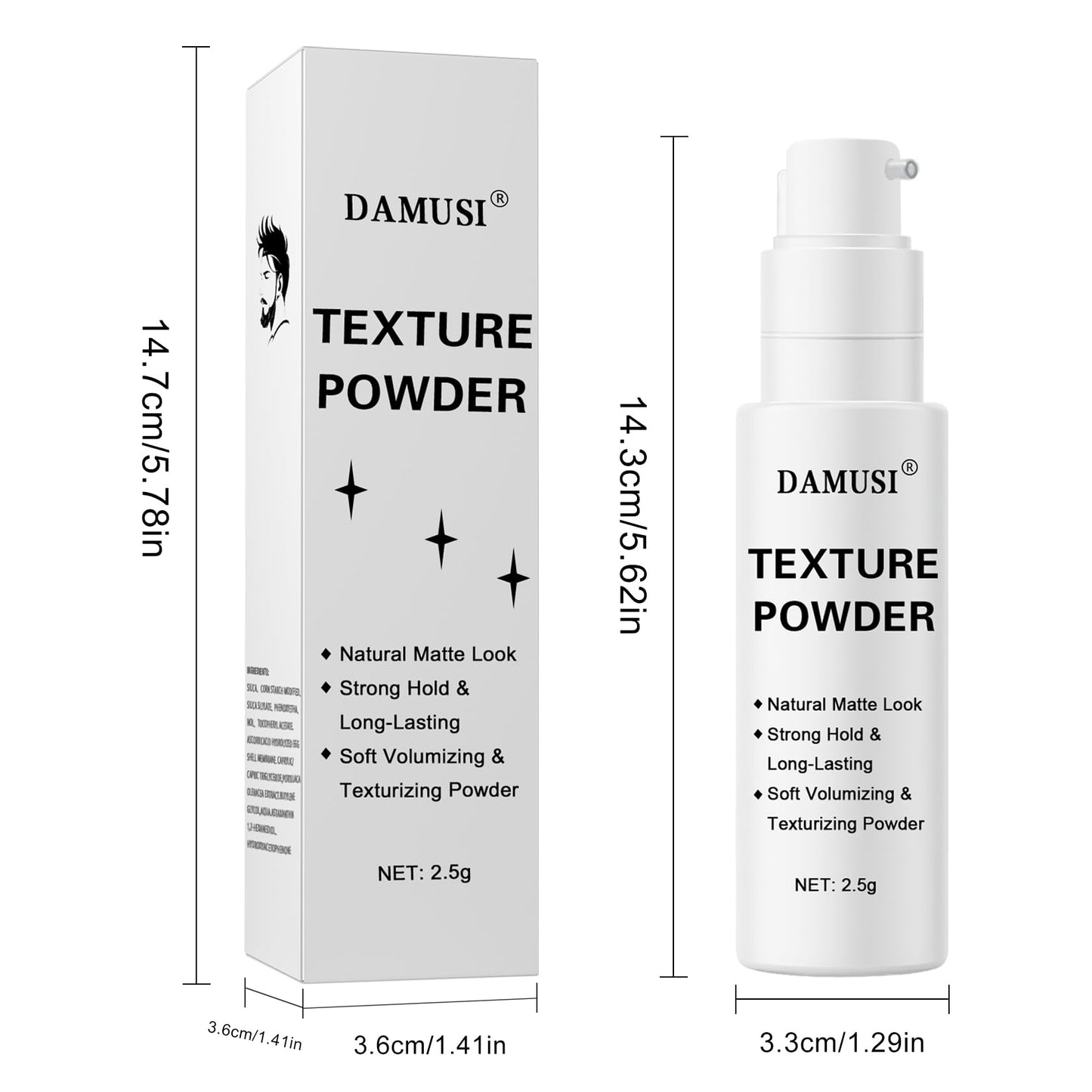 Damusi hair styling powder product ingredients label