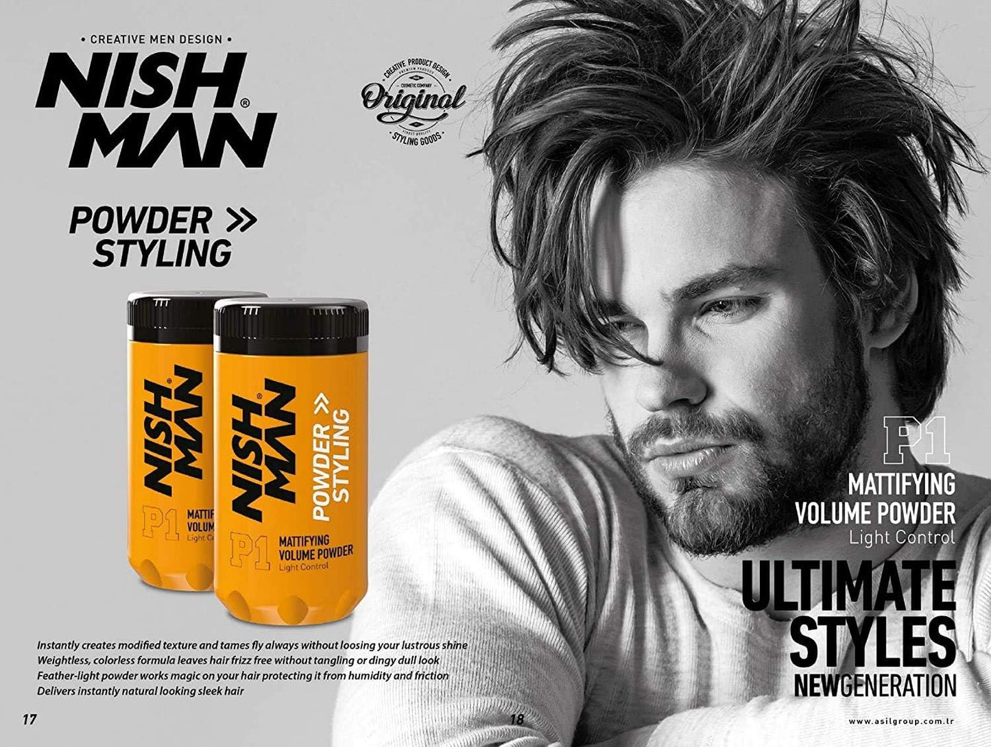 Close up of Nishman P1 styling powder branding and 20g size