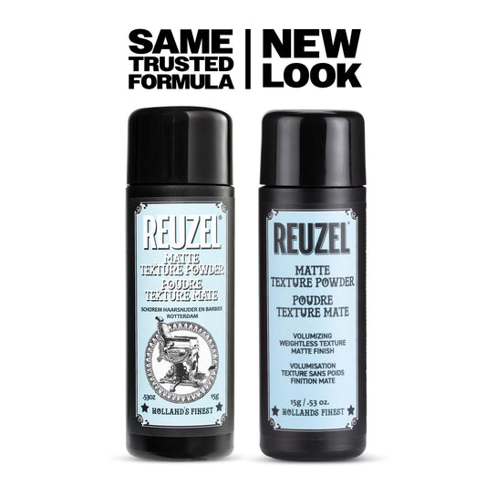 Close up of Reuzel hair styling powder packaging