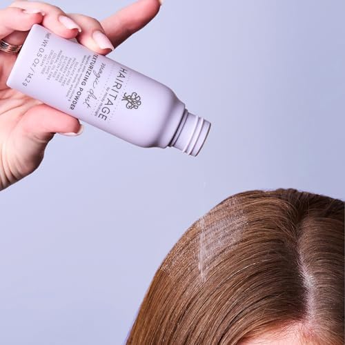 Hairitage hair powder bottle showing volume and texture benefits