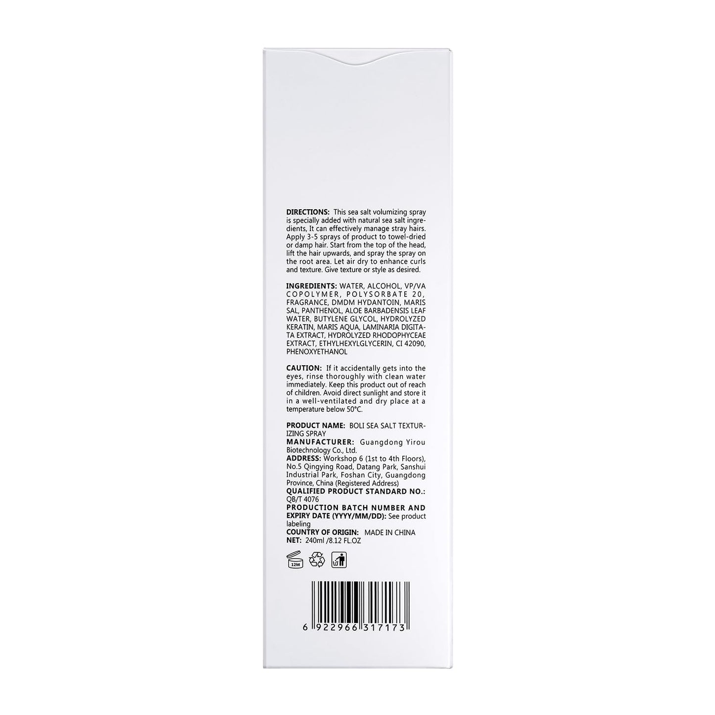 BOLI unisex texturizing sea salt hair spray complete retail packaging
