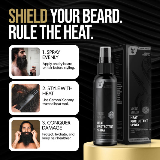 Viking Shield beard spray bottle showing heat protection details