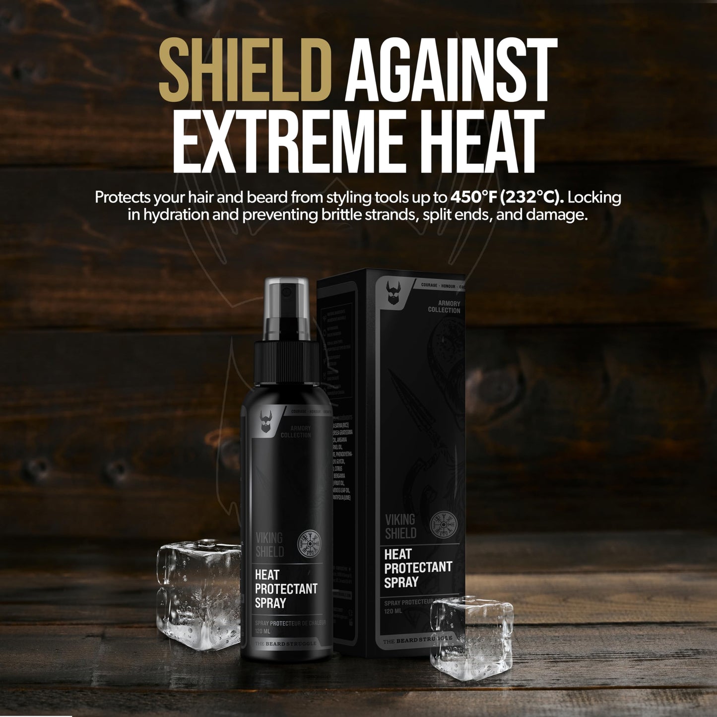 Professional grooming setup featuring Viking Shield heat protection spray