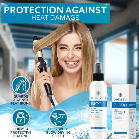 Bellisso Biotin hair spray bottle showing Moroccan Argan Oil label