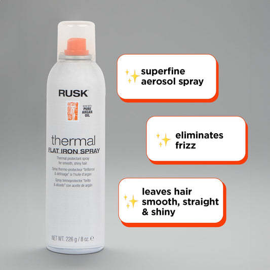 Rusk thermal hair styling spray with Argan oil ingredient label