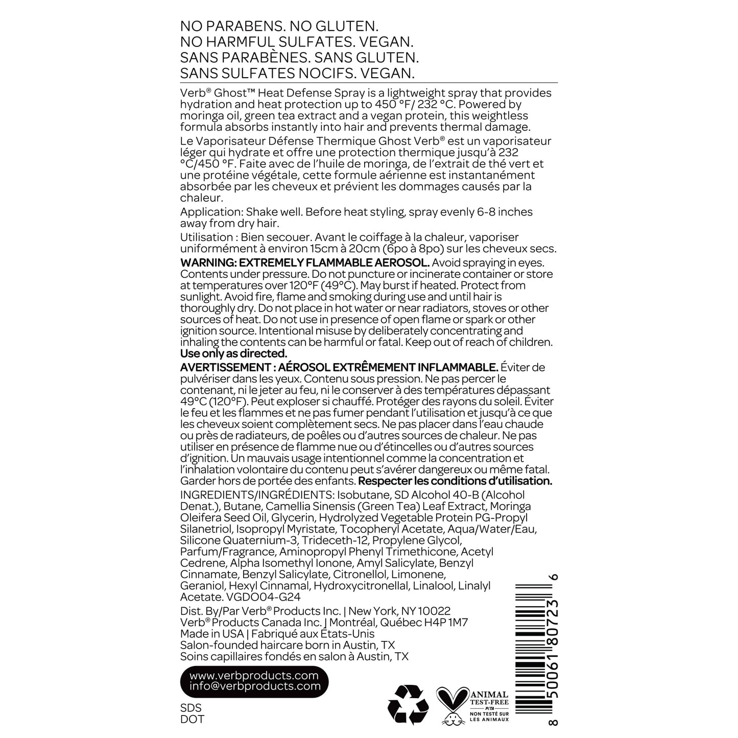 Detailed product label for Verb Ghost Heat Defense Spray