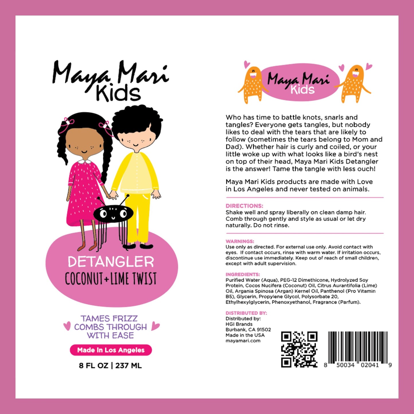 Maya Mari USA imported children hair care product highlighting ingredients list