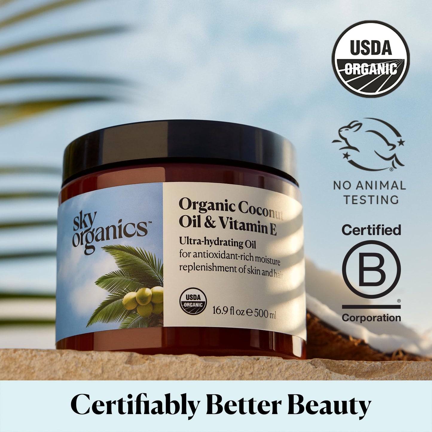 Sky Organics 16.9 fluid ounce bottle next to organic coconut oil