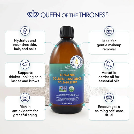Queen of the Thrones organic castor oil bottle label details